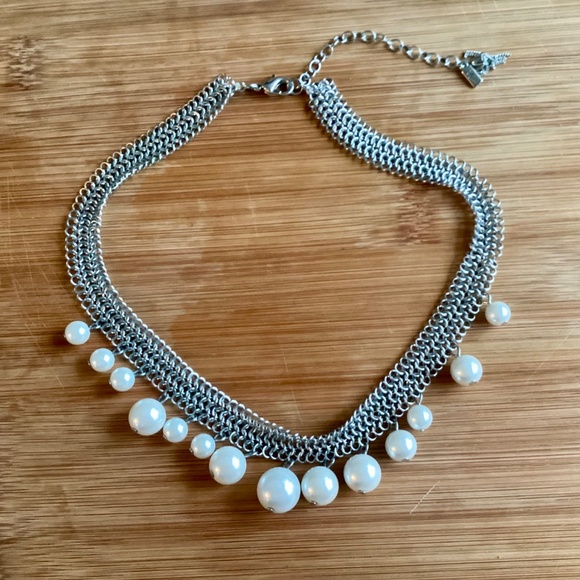 Geometric Mesh Collar Necklace With Pearls Designer Statement Jewelry Silvertone - Picture 2 of 14